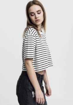 URBAN CLASSICS Ladies Short Striped Oversized Tee - T-Shirt Print - White/Black -Urban Classics 10f7d648e7b54311846f758583cf6f05