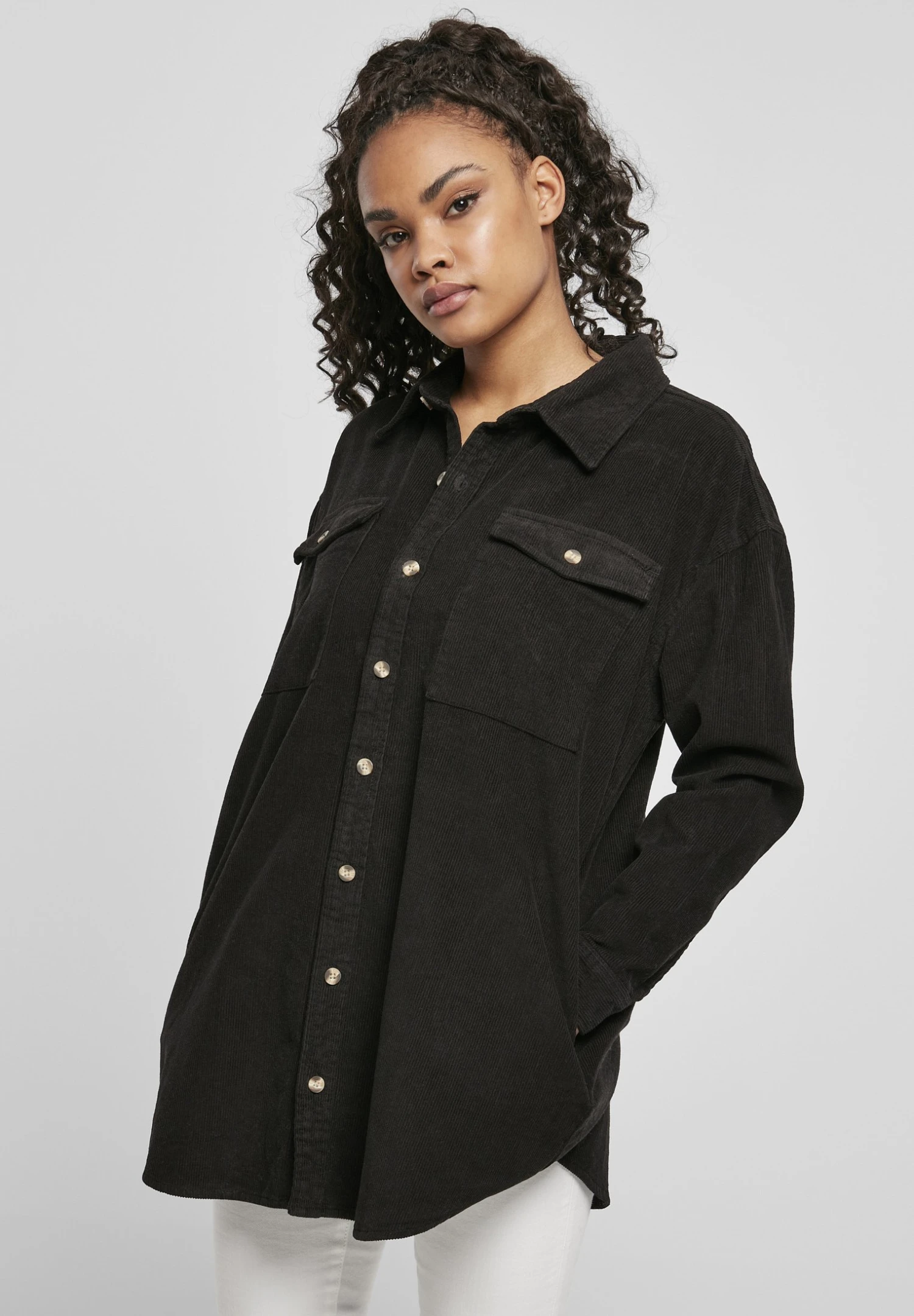 URBAN CLASSICS Ladies Long Corduroy Overshirt - Overhemdblouse - Black 3 URBAN CLASSICS Ladies Long Corduroy Overshirt - Overhemdblouse - Black