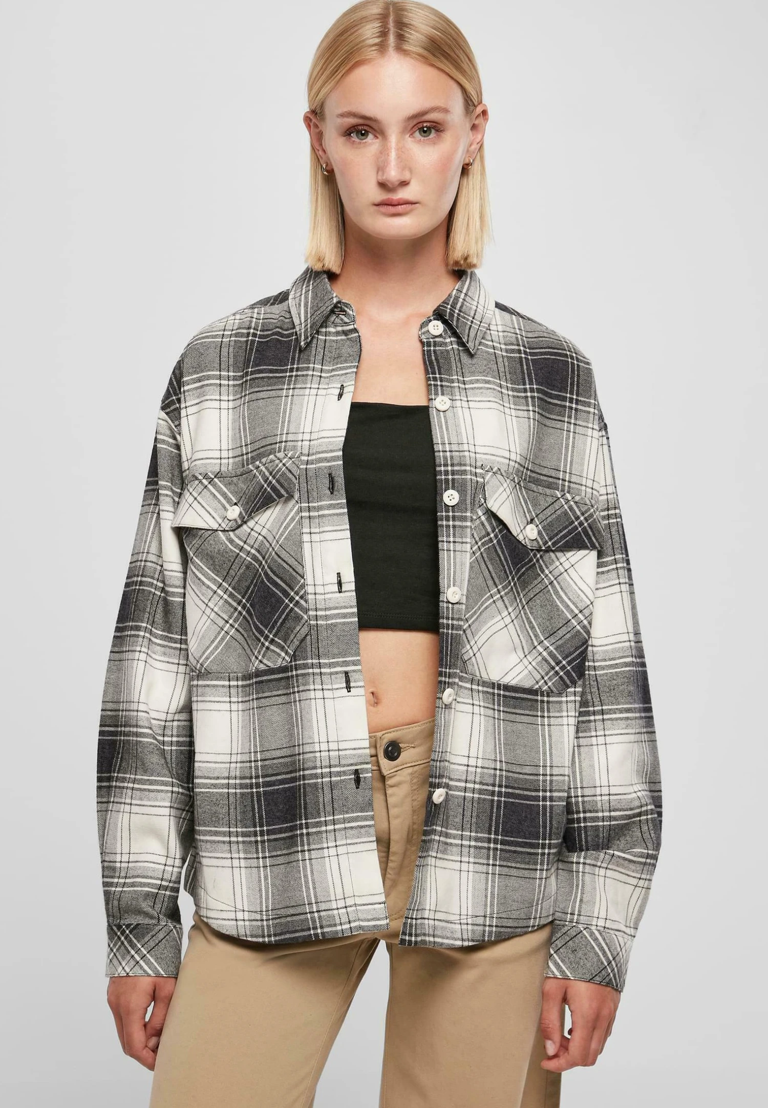 URBAN CLASSICS Oversized- Overhemdblouse - Whitesand Black 3 URBAN CLASSICS Oversized- Overhemdblouse - Whitesand Black