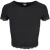 URBAN CLASSICS Ladies Cropped Lace Hem Tee - T-Shirt Print - Schwarz