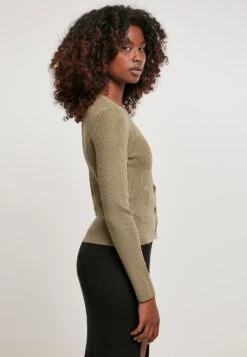 URBAN CLASSICS Ladies Short Rib Knit Cardigan - Vest - Khaki -Urban Classics 65d1a10a66654d61bbf8666238eb9d94