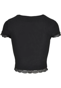 URBAN CLASSICS Ladies Cropped Lace Hem Tee - T-Shirt Print - Schwarz -Urban Classics b03150698bdb40928651f8fe73634906