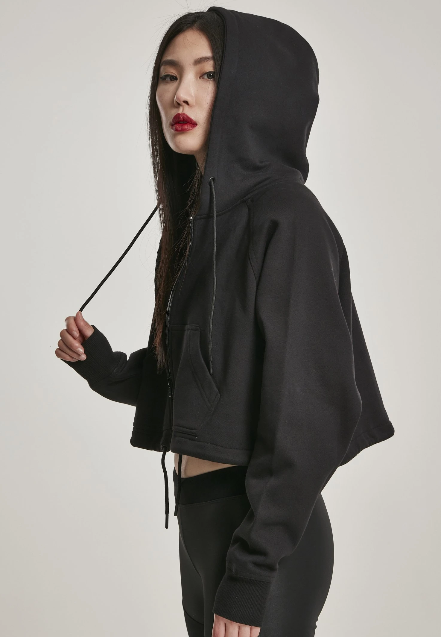 URBAN CLASSICS Ladies Oversized Short Raglan Zip Hoody - Sweater Met Rits - Black 7 URBAN CLASSICS Ladies Oversized Short Raglan Zip Hoody - Sweater Met Rits - Black - Afbeelding 5